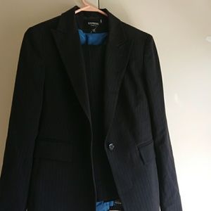 Express stretch pant suit in black w teal stripes